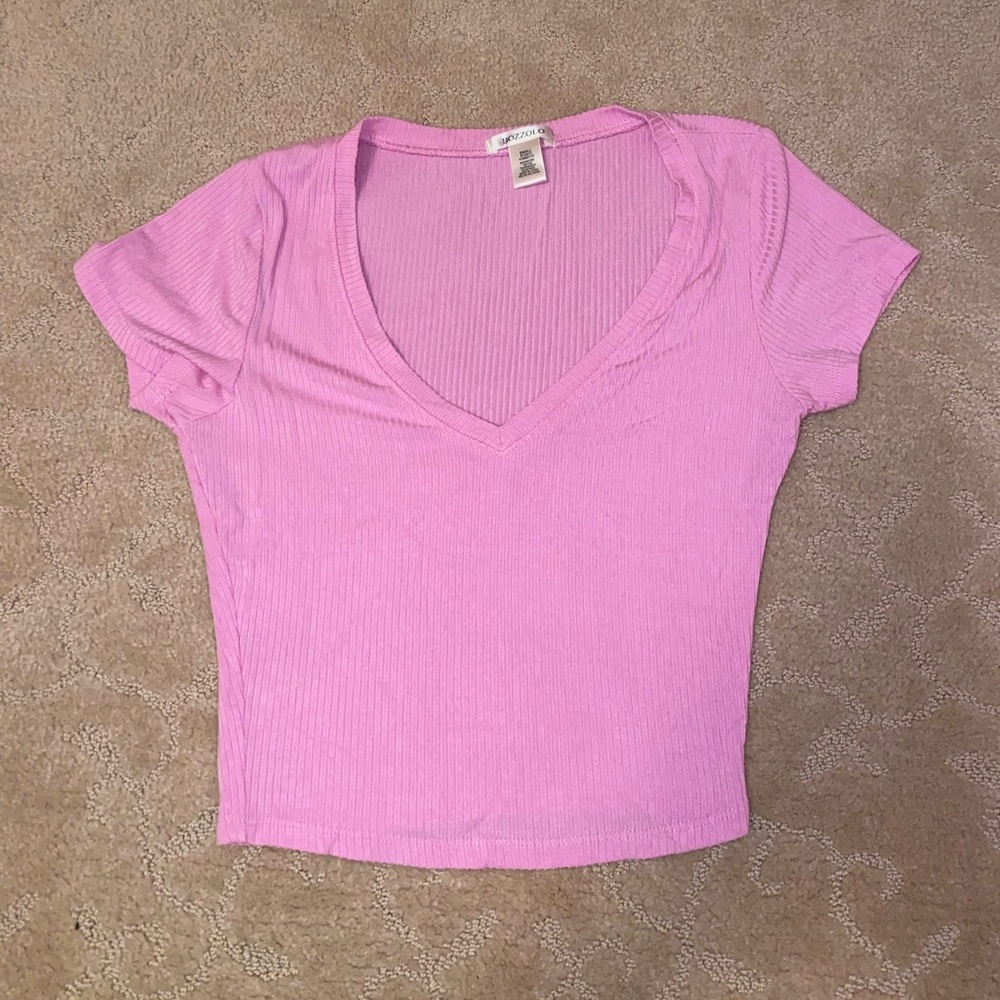Bozzolo Pink Ribbed V-Neck Short Sleeve Tee